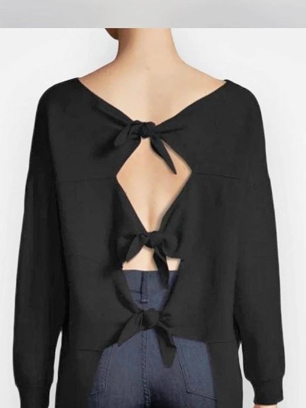 NWT Alice + Olivia Black Drop Shoulder Open Back Triple Bow Tie Sweater M $295